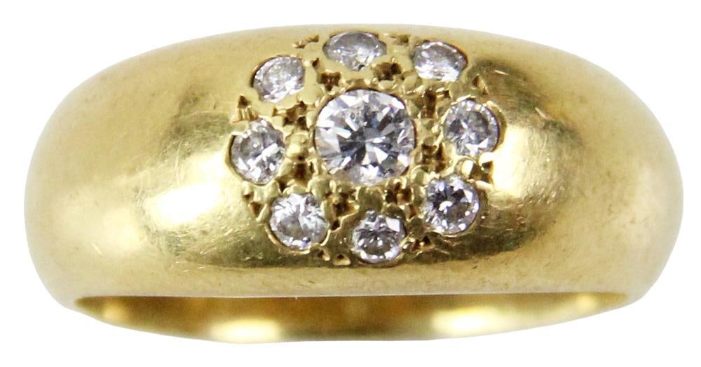 Yellow Gold and Diamond Ring: Yellow gold and diamond ring, size 9. Approximately 8.9 grams TW. Provenance: Palm Beach, Florida estate. PLEASE NOTE: payment for silver, gold, jewelry, and coins must be made via wire transfer, cash