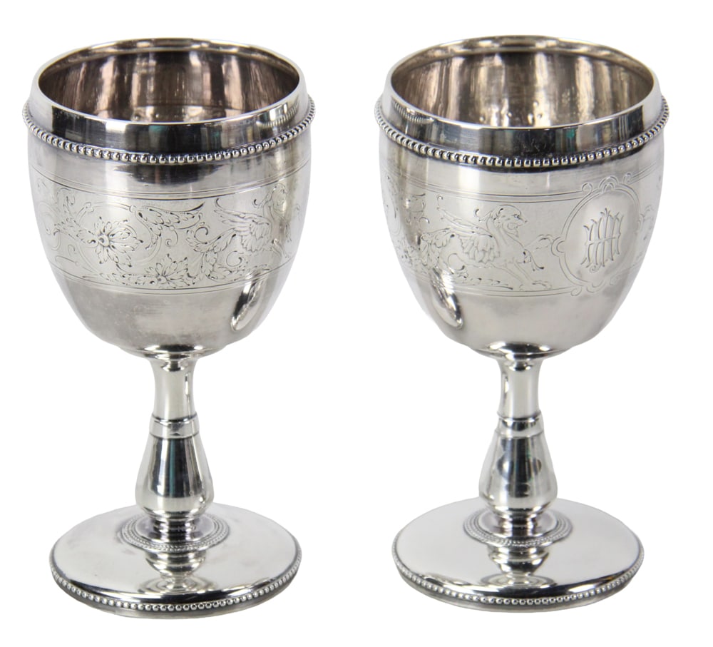 Pair of Tiffany and Co. Edward Moore Engraved Goblets: Pair of Tiffany and Co. Edward Moore engraved goblets, 6 1/2" H. Approximately 18.4 troy oz TW. Provenance: New York estate. PLEASE NOTE: payment for silver, gold, jewelry, and coins must be made via