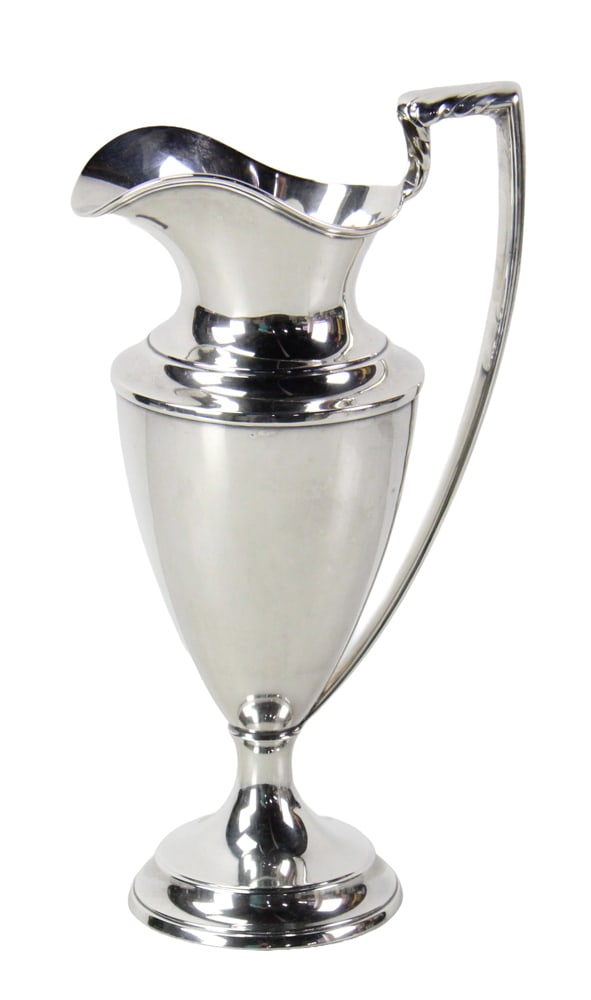 Sterling Ewer by Watson/Wilcox and Wagoner: Sterling ewer, 11 1/2" H, bearing wreath and sword mark of Watson/Wilcox and Wagoner, monogrammed. Approximately 13.3 troy oz TW. Provenance: New York estate. PLEASE NOTE: payment for silver, gold,