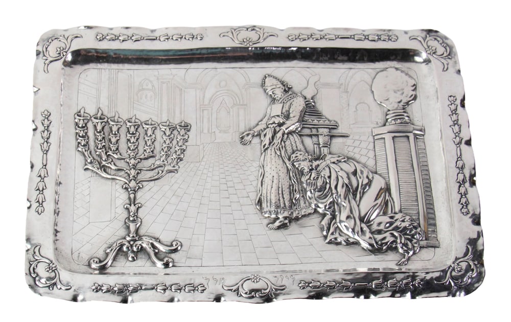 Silver Repousse Tray: Silver repousse tray, unidentified hallmarks, tests silver, but fineness not determined, 14" x 10 1/4". Approximately 21.2 troy oz TW. Provenance: New York estate. PLEASE NOTE: payment for silver,