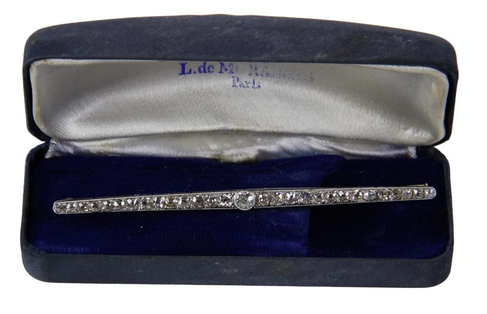 Platinum and Diamond Stick Pin: Platinum and diamond stick pin. Approximately 6.4 grams TW. Provenance: New York City, New York collection. PLEASE NOTE: payment for silver, gold, jewelry, and coins must be made via wire transfer, ca