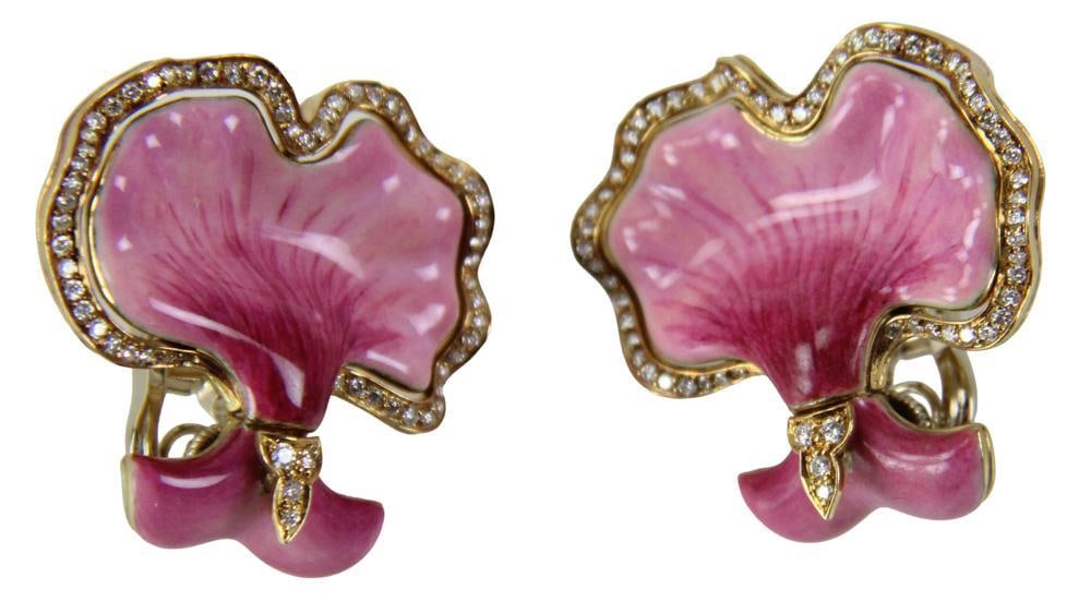 Ladies' 18k Gold, Diamond, and Enamel Clip Earrings: Ladies' 18k gold, diamond, and enamel clip earrings. Approximately 26.1 grams TW. Provenance: New York City, New York collection. PLEASE NOTE: payment for silver, gold, jewelry, and coins must be made