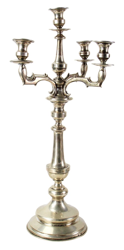 Five-Socket Candelabrum, .800 Silver, Austria/Hungary: Five-socket candelabrum, .800 silver, hallmarked for Austria/Hungary and .800 silver, 25" H x approximately 12" diameter. Approximately 45.6 troy oz TW. Provenance: New York estate. PLEASE NOTE: payme
