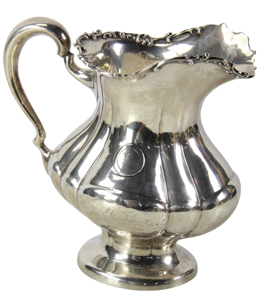 19th/20thC American Mauser Mfg. Co. Sterling Pitcher: Late 19th/early 20th century American sterling pitcher by Mauser Mfg. Co., bearing unicorn hallmark, 9 1/2" H x 9 1/2" W (spout-to-handle). Approximately 21.7 troy oz TW. Provenance: New York estate.