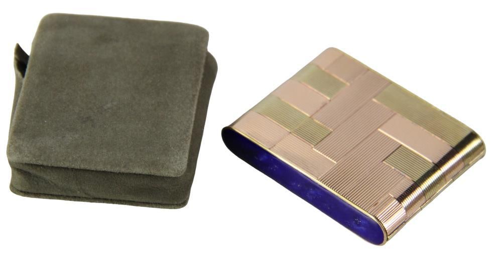 Cartier Vintage 18k Gold and Lapis Vanity Box: Cartier vintage 18k gold and lapis vanity box. Approximately 56.7 grams TW. Provenance: New York City, New York collection. PLEASE NOTE: payment for silver, gold, jewelry, and coins must be made via w