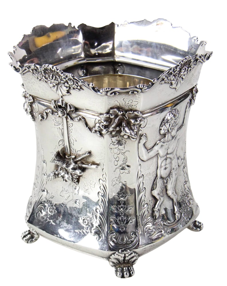 Tiffany and Co. Sterling Edward Moore Champagne Bucket: Tiffany and Co. sterling Edward Moore repousse champagne bucket with faun motif, 8 1/2" H x 7 1/2" square. Approximately 56.1 troy oz TW. Provenance: New York estate. PLEASE NOTE: payment for silver,