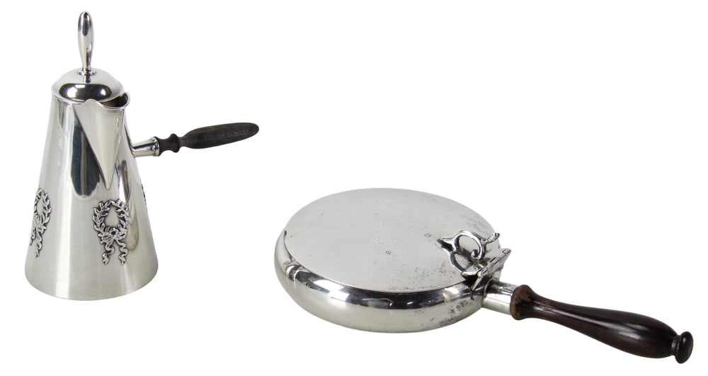 Sterling Shiebler Chocolate Pot, Caval Silent Butler: Two sterling hollowware pieces, to include: Shiebler chocolate pot, 7 1/4" H, note: handle needs tightening; Caval Mexican silent butler/crumber, 6" diameter (excluding handle). Approximately 24.2