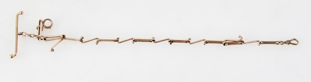 14k Gold Watch Fob Chain: 14k gold watch fob chain, 12" L. Approximately 29.3 grams TW. Provenance: Cambridge, Massachusetts collection. PLEASE NOTE: payment for silver, gold, jewelry, and coins must be made via wire