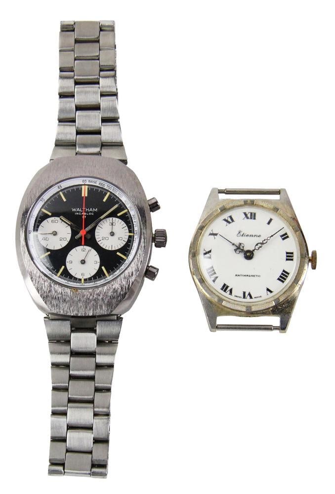 Two Swiss Made Steel Wrist Watches: Two Swiss made steel wrist watches, to include: Waltham Incabloc 17, 1 1/8" diameter face; Etienne antimagnetic, 1 1/8" diameter face. Provenance: New York estate.