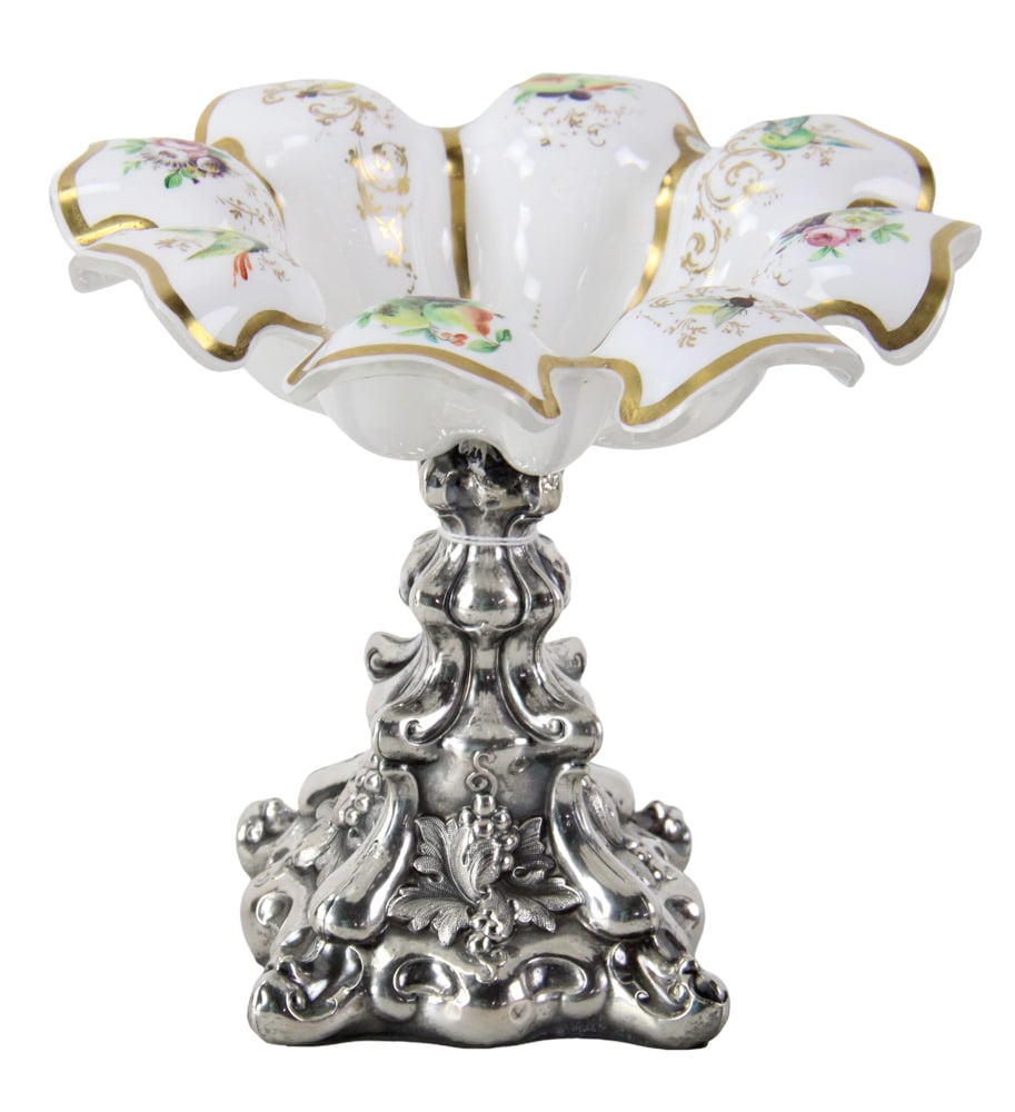 Compote with Hand-painted Glass Bowl and Weighted Silver Base: Compote with hand-painted glass bowl and weighted silver base, not hallmarked, tests silver, but fineness not determined, 7 1/2" H x 8" diameter. Approximately 31.4 troy oz TW. Provenance: New York es