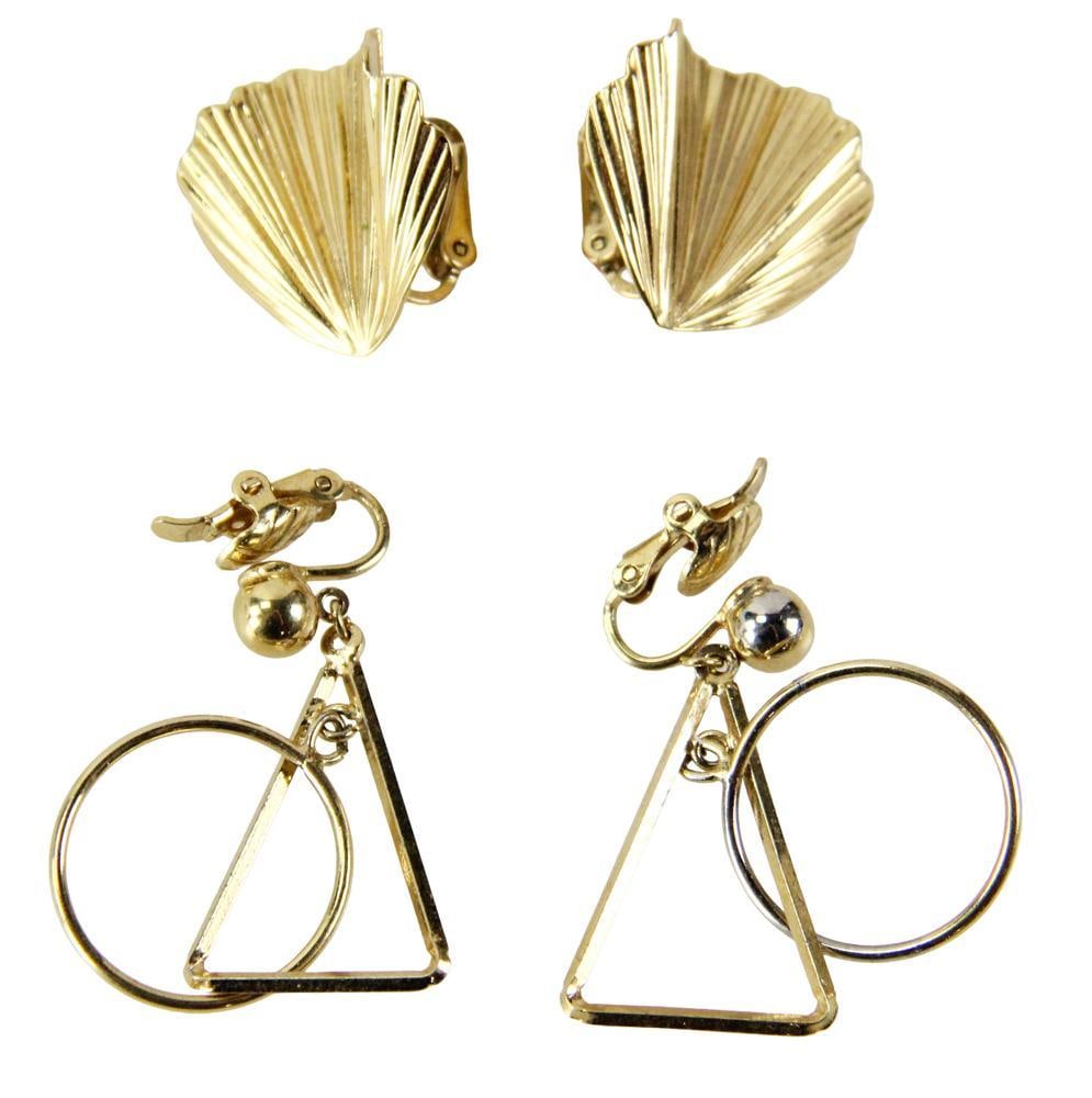 Two Pairs of Trifari Gold Tone Clip Earrings: Two pairs of Trifari gold tone clip earrings, longer approximately 1 3/4". Provenance: Beverly, Massachusetts collection.