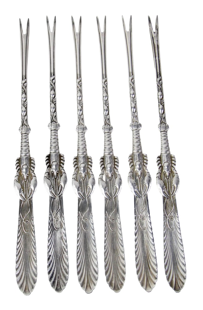 Set of Frank Smith Sterling Lobster Forks: Frank Smith sterling lobster forks, 7 1/2" L, set of (6). Approximately 5.0 troy oz TW. Provenance: New York estate. PLEASE NOTE: payment for silver, gold, jewelry, and coins must be made via wire tra