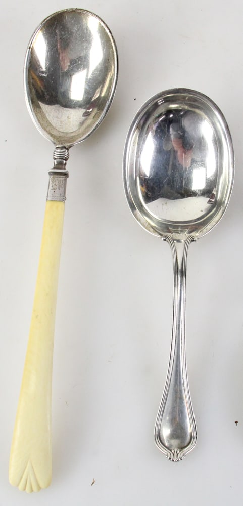 Two Sterling Stuffing Spoons: Two sterling stuffing spoons. Approximately 6.0 troy oz TW (not including handle). Provenance: Marblehead, Massachusetts collection.