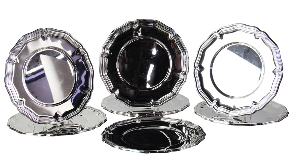 Alpadur Spanish Silverplate Chargers: Alpadur Spanish silverplate chargers, circa 1970s, 12" diameter, (8) total. Provenance: Palm Beach, Florida estate.