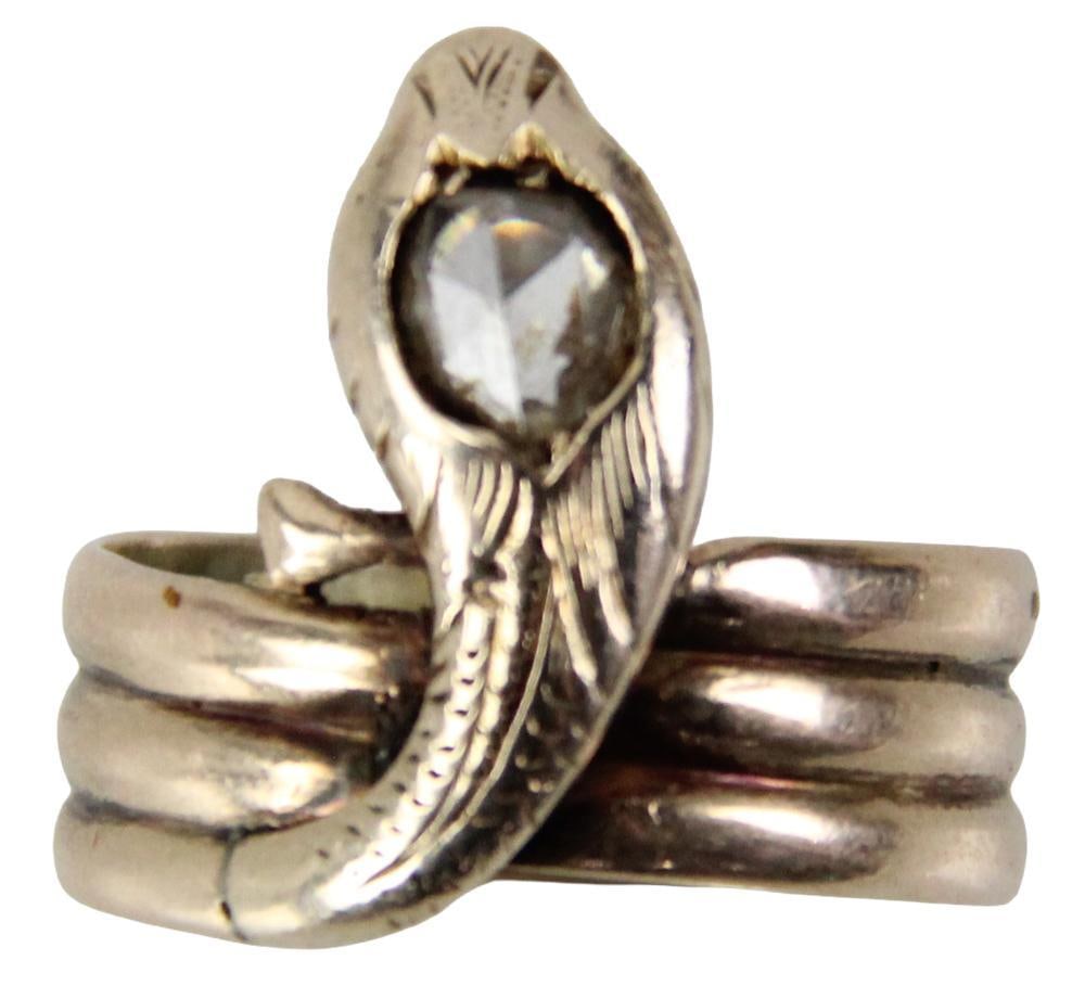14k Yellow Gold and Single Cut Diamond Snake Ring: 14k yellow gold and single cut diamond snake ring, size 10. Approximately 6.9 grams TW. Provenance: New York estate. PLEASE NOTE: payment for silver, gold, jewelry, and coins must be made via wire tra
