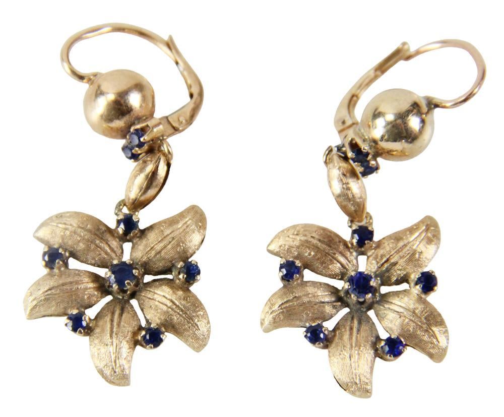 Pair of 14k Yellow Gold and Sapphire Earrings: Pair of 14k yellow gold and sapphire earrings, 1 1 3/4" H. Approximately 9.3 grams TW. Provenance: New York estate. PLEASE NOTE: payment for silver, gold, jewelry, and coins must be made via wire tran