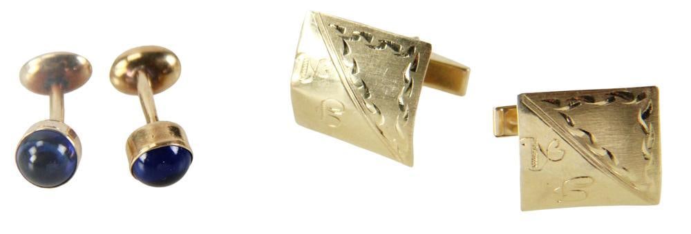 Two Pairs of 14k Yellow Gold Cufflinks: Two pairs of 14k yellow gold cufflinks, one with cabochon sapphires. Approximately 9.7 grams TW. Provenance: New York estate. PLEASE NOTE: payment for silver, gold, jewelry, and coins must be made via