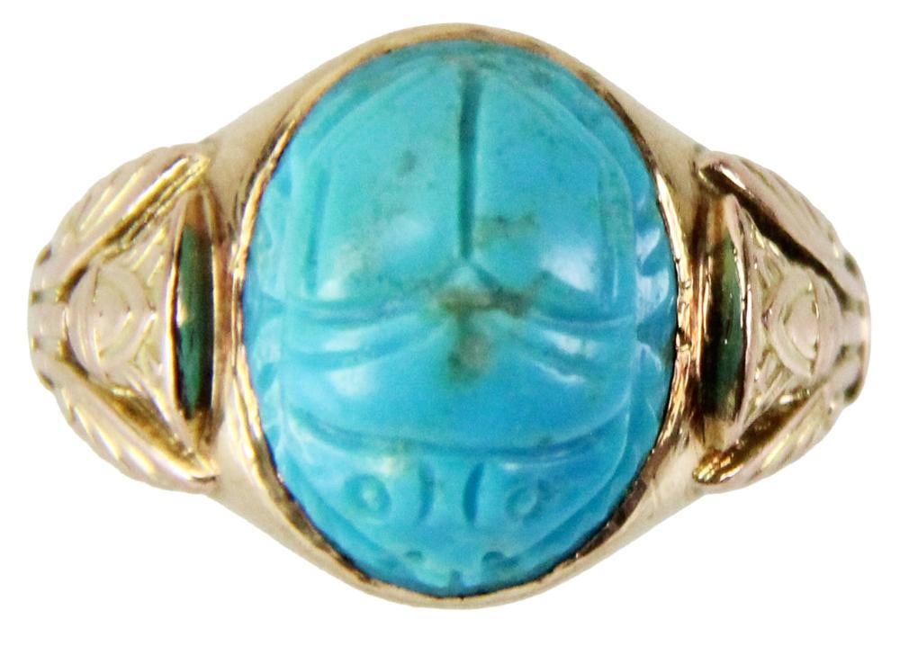 14k Yellow Gold and Turquoise Scarab Ring: 14k yellow gold and turquoise scarab ring, size 8 1/4. Approximately 8.2 grams TW. Provenance: New York estate. PLEASE NOTE: payment for silver, gold, jewelry, and coins must be made via wire transfer