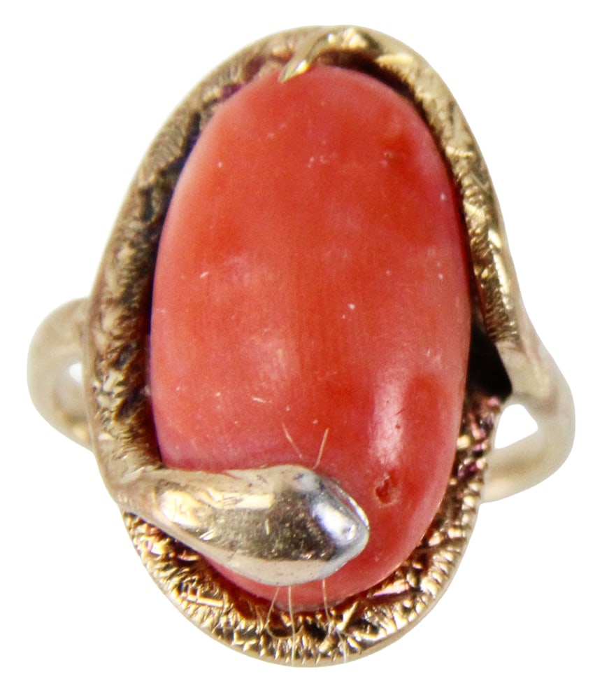 14k Yellow Gold and Coral Ring: 14k yellow gold and coral ring, size 9 3/4. Approximately 10.2 grams TW. Provenance: New York estate. PLEASE NOTE: payment for silver, gold, jewelry, and coins must be made via wire transfer, cash, or