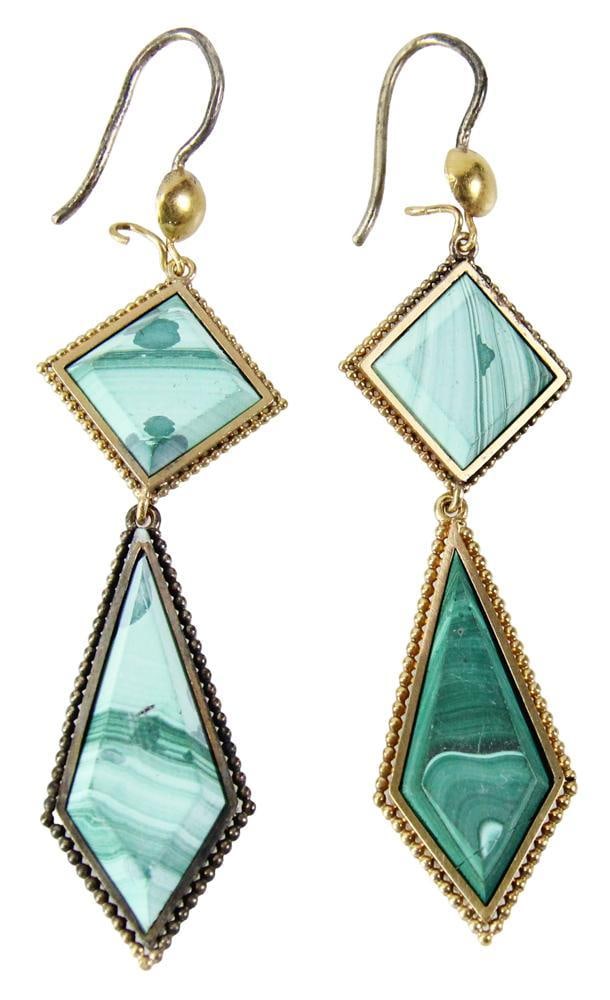 Pair of 14k Yellow Gold and Malachite Earrings: Pair of 14k yellow gold and green stone (possibly malachite) earrings, 3" H. Approximately 15.3 grams TW. Provenance: New York estate. PLEASE NOTE: payment for silver, gold, jewelry, and coins must be