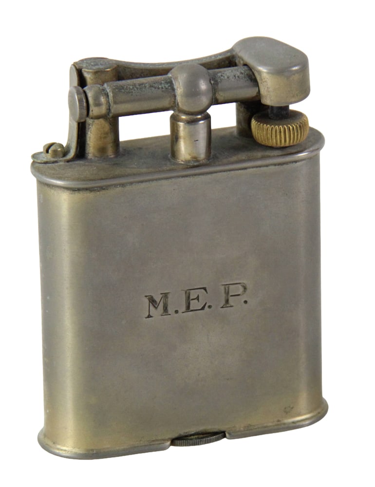 Dunhill Art Deco Lift-Arm Lighter: Dunhill Art Deco lift-arm lighter, initialed "M.E.P.", 4 1/4" H x 3" W. Provenance: La Jolla, California collection.