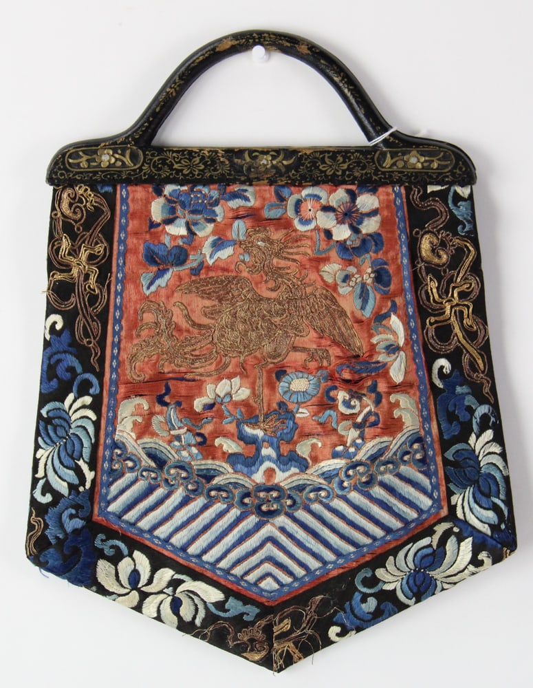 19thC Chinese Gold Dragon Embroidered Handbag: 19th century Chinese gold dragon embroidered handbag, 13" x 10". Provenance: Palm Beach, Florida estate.