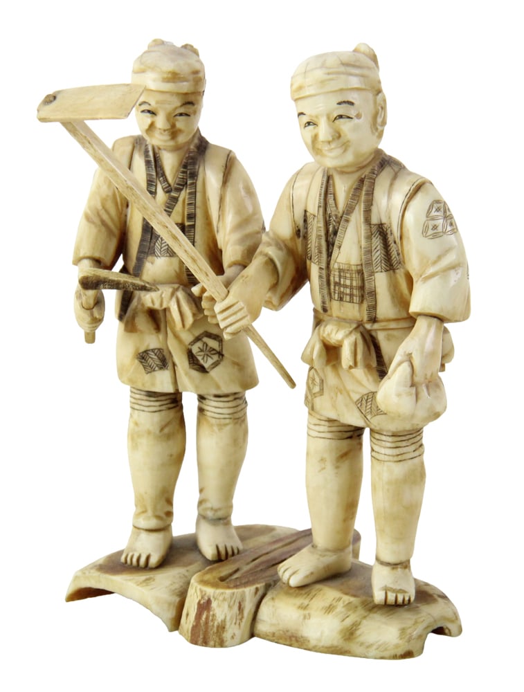 Carved Bone Figure of Two Workers: Carved bone figure of two workers, 8" H x 5 1/2" W. Provenance: New York estate.