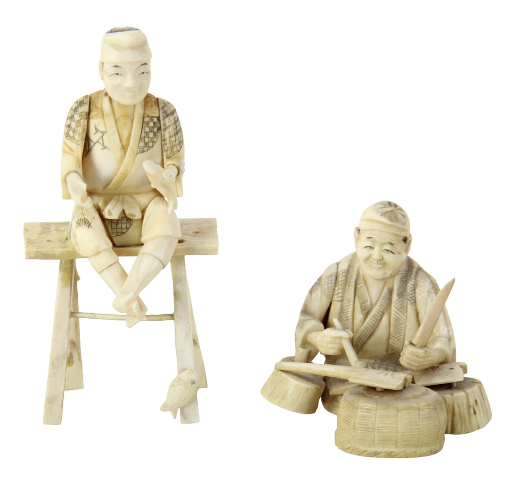 Two Carved Bone Figures of Seated Men: Two carved bone figures of seated men, taller 6 1/2" H x 3" W x 2 3/4" D. Provenance: New York estate.