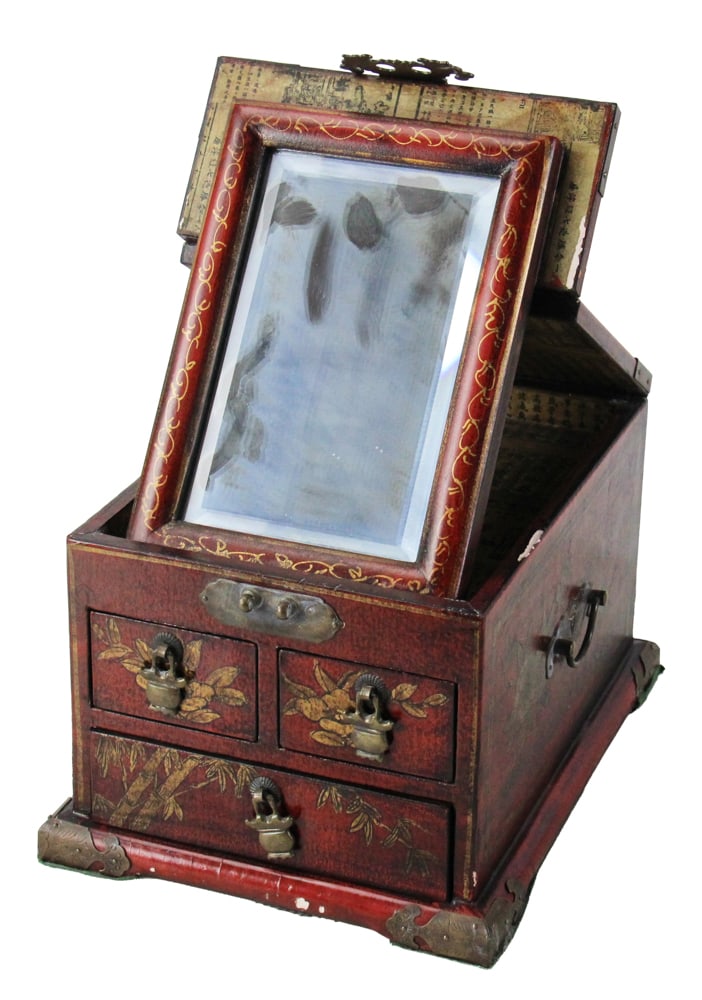 Chinese Wooden Jewelry Box with Beveled Mirror: Chinese wooden jewelry box with three drawers and beveled mirror, 7" H x 8" W x 10" D. Provenance: Acton, Massachusetts collection.