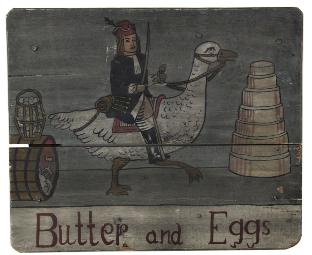 Antique "Butter and Eggs" Sign: Antique "Butter and Eggs" sign, 19" x 23". Provenance: Palm Beach, Florida estate.