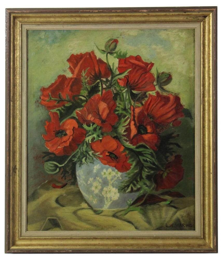 Attributed to L.W. Waring, Still Life of Poppies, Oil on Board: Attributed to Laura Wheeler Waring (American, 1887-1948), still life of poppies, oil on board, signed L/R, 19" x 17", framed 22" x 19". Provenance: Andover, Massachusetts collection.