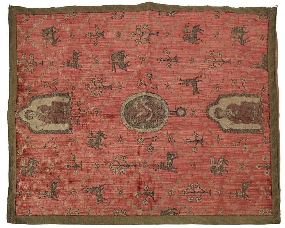 Antique Italian Tapestry with Gold Trim: Antique Italian tapestry having gold trim, 24" x 32". Provenance: Palm Beach, Florida estate.