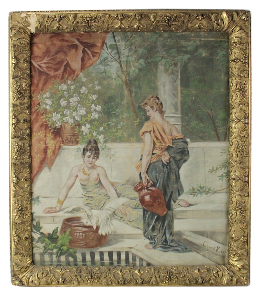 Conrad Kiesel, Two Women in Garden, Oil on Canvas: Conrad Kiesel (German, 1846-1921), two women enjoying the garden, oil on canvas, signed L/R, 33" x 27", framed 39" x 34". Provenance: North Bay Village, Florida collection.
