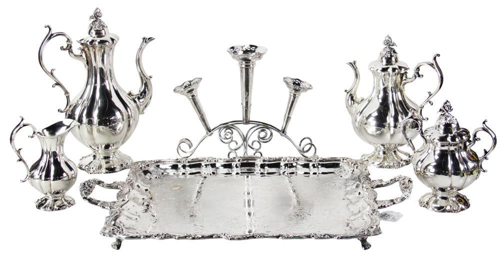 Silverplate Tea Set with Tray, and Centerpiece with Vases (1 of 14)