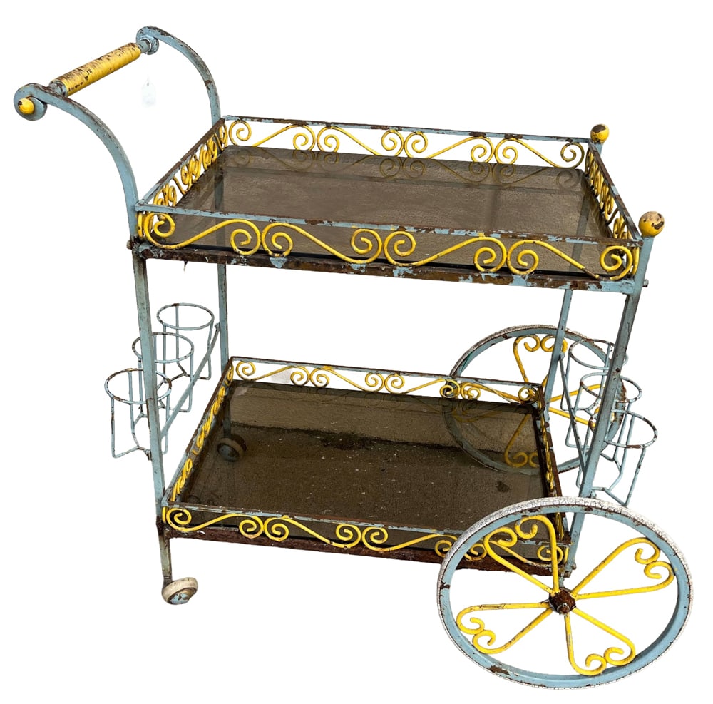 Old Woodard Wrought Iron Tea Cart: Old Woodard wrought iron tea cart, 34" H x 40" W x 19" D. Provenance: Palm Beach, Florida estate.