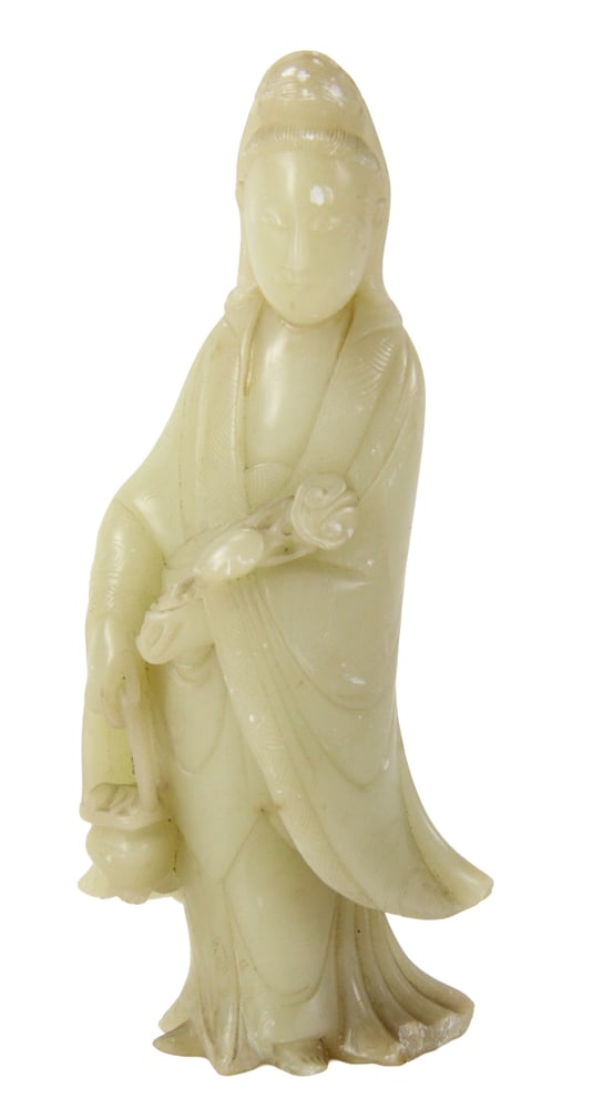 Chinese Jade Stone Guanyin Figure: Chinese jade stone Guanyin figure, 8" x 3". Provenance: Palm Beach, Florida estate.