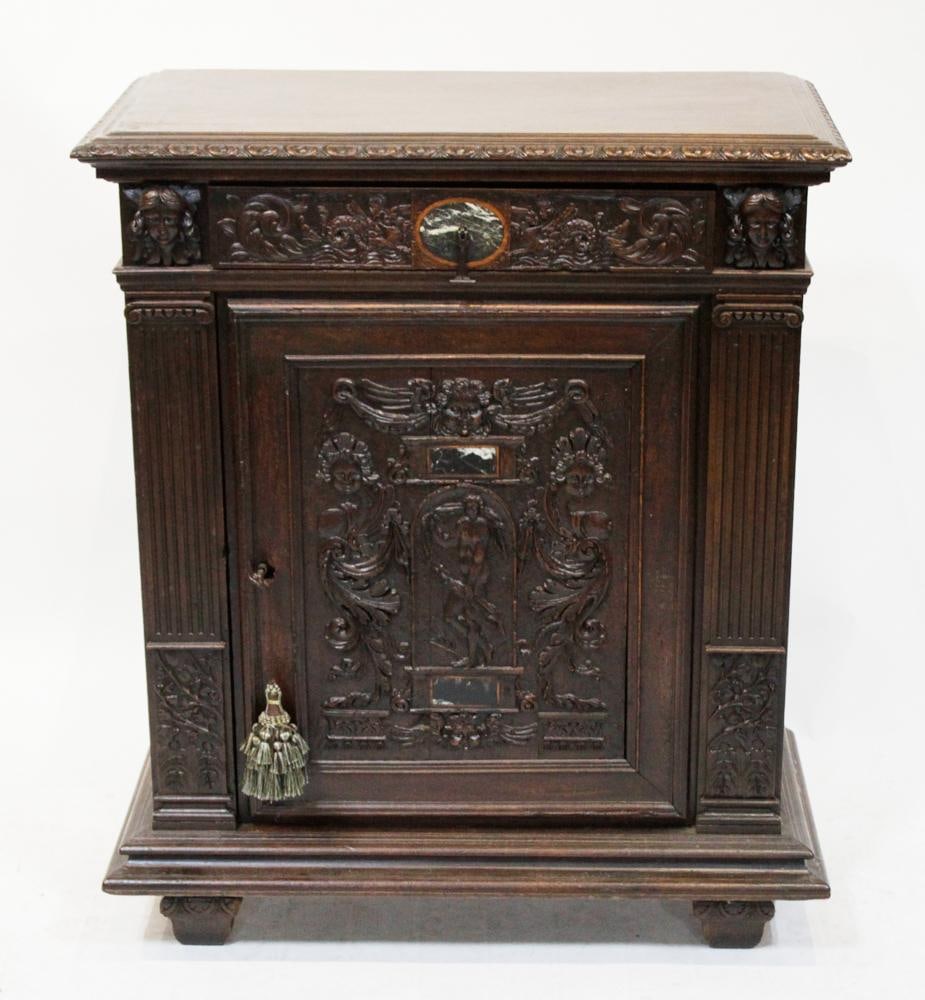 18th/19thC Italian Renaissance Cabinet with Marble Inlay: 18th/19th century Italian Renaissance style single-door side cabinet with drawer above, dark green marble inlay, 39" H x 32" W x 16" D. Provenance: From the 50-year personal collection of Mr. John Hvo