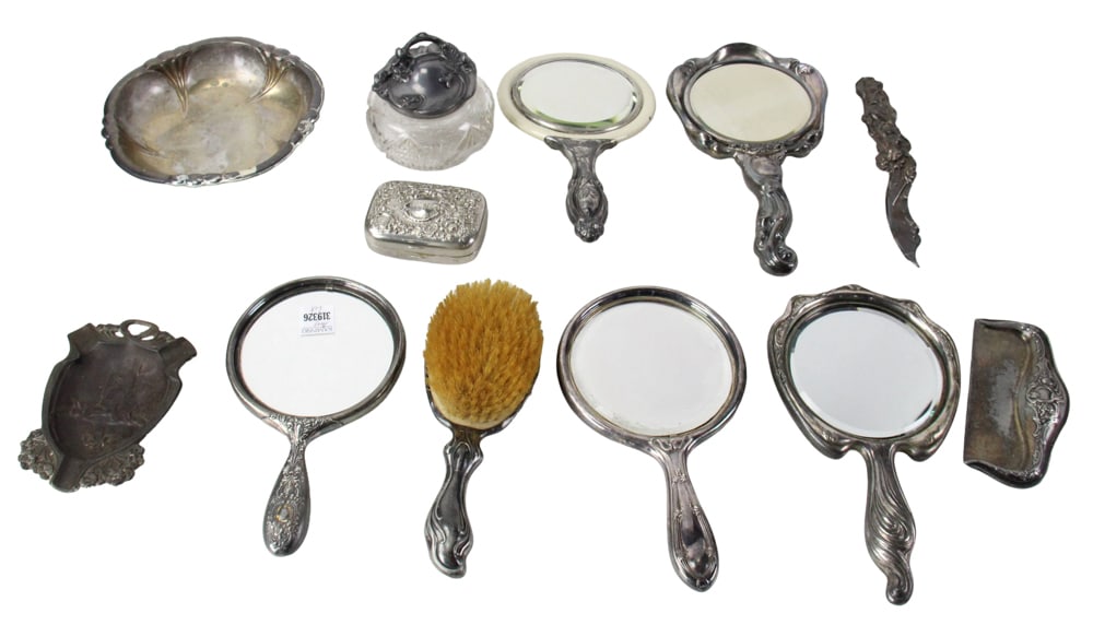 Art Nouveau Silverplate Vanity Items: Art Nouveau silverplate vanity items. Provenance: North Bay Village, Florida collection.