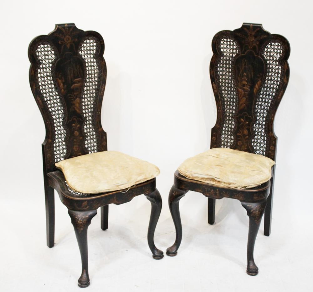 Pair of Queen Anne Style Chairs with Cane Backs: Pair of japanned Queen Anne style chairs with cane backs, 48" H x 18" W x 20" D. Provenance: Purchase, New York collection.