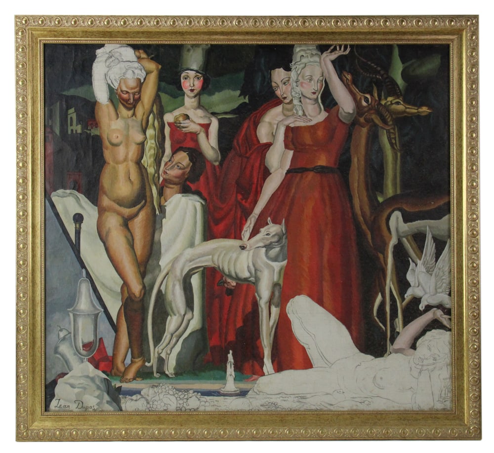 Jean Dupas, Women with Greyhound, Oil on Canvas: Jean Dupas (French, 1882-1964), women with greyhound, oil on canvas, signed L/L, 32" x 35", framed 36" x 40". Provenance: Winchester, Massachusetts collection.