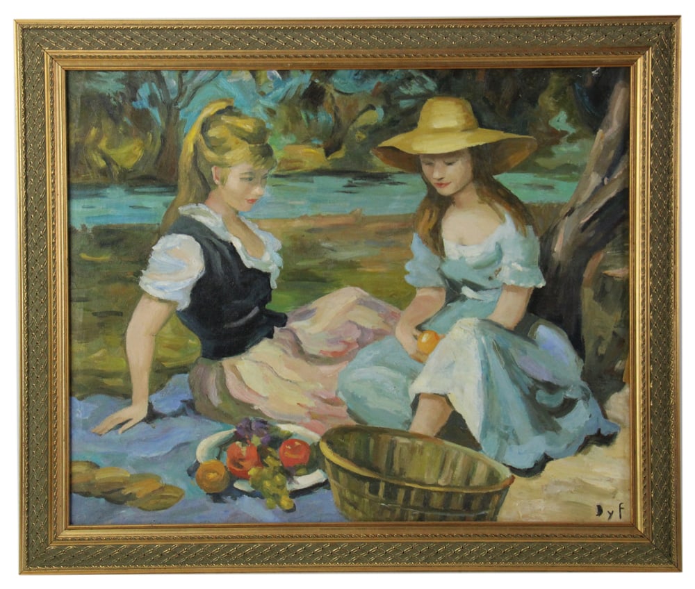 Marcel Dyf, "Dejeuner Champetre", Oil on Canvas: Marcel Dyf (French, 1899-1985), "Dejeuner Champetre" (rustic lunch), oil on canvas, signed L/R, 23" x 28", framed 27" x 32". Provenance: Winchester, Massachusetts collection.