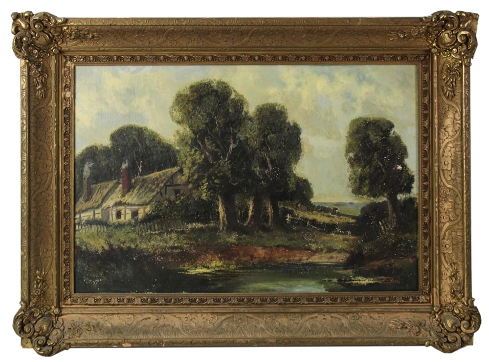 Z. Thorn, Thatched Roof House, Oil on Canvas: Z. Thorn, thatched roof house with trees, oil on canvas, signed L/R, 20" x 30", framed 28" x 38". Provenance: North Bay Village, Florida collection.