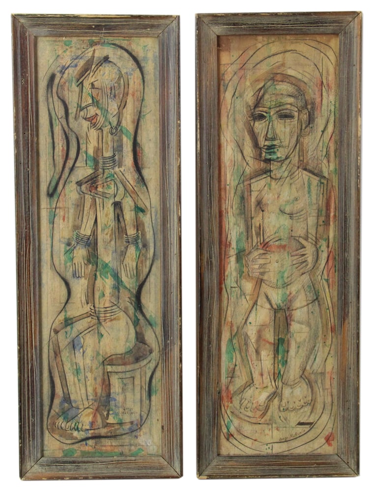 George Marinko, Two Surrealist Portraits, Oil on Board: George Marinko (1908-1990), two surrealist portraits, oil on board, signed, 21 1/2" x 7 1/2". Provenance: Cambridge, Massachusetts collection.