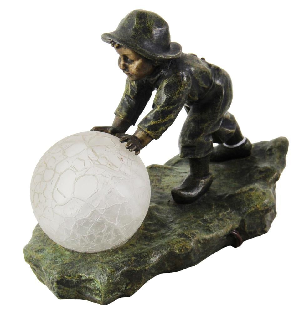 Aristide de Ranieri, Lamp, Boy Pushing Snowball: Aristide de Ranieri, patinated white metal lamp, boy pushing snowball, 9 1/2" x 11". Provenance: Venice, Florida collection.