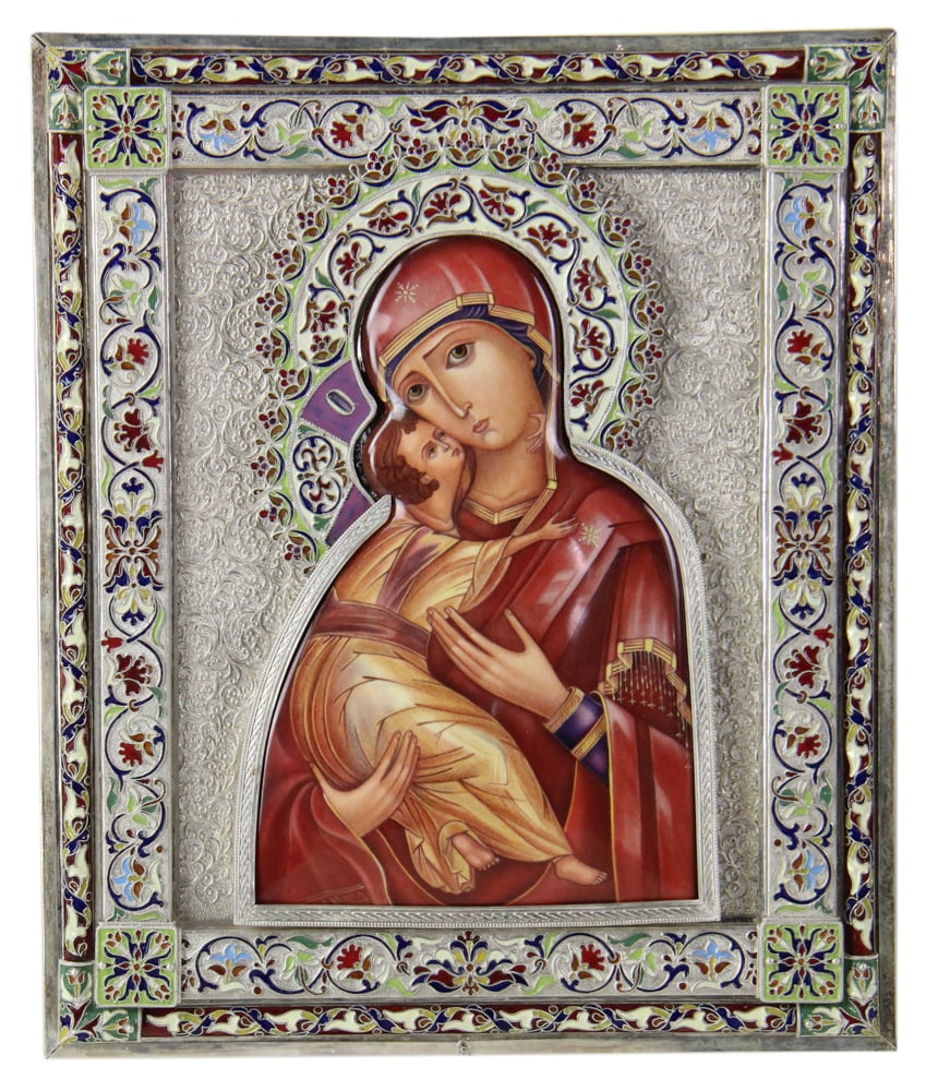Icon of Our Lady of Vladimir, in Sterling Embossed Frame: Icon of Our Lady of Vladimir, in sterling frame with intricate embossed details and decorative enamel, 10 1/2" x 8 1/2". Provenance: Beverly, Massachusetts collection.