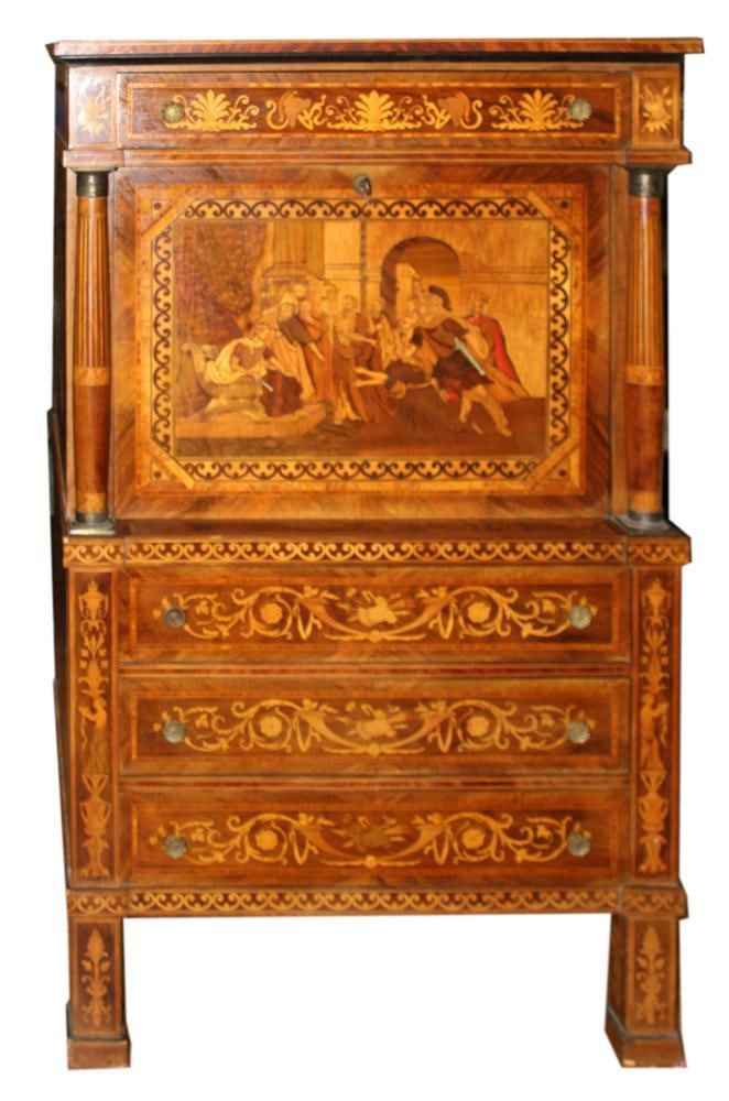 European Neoclassical Inlaid Secretary Desk: European Neoclassical inlaid secretary desk, 63" H x 32" W x 28" D. Provenance: Medford, Massachusetts collection.