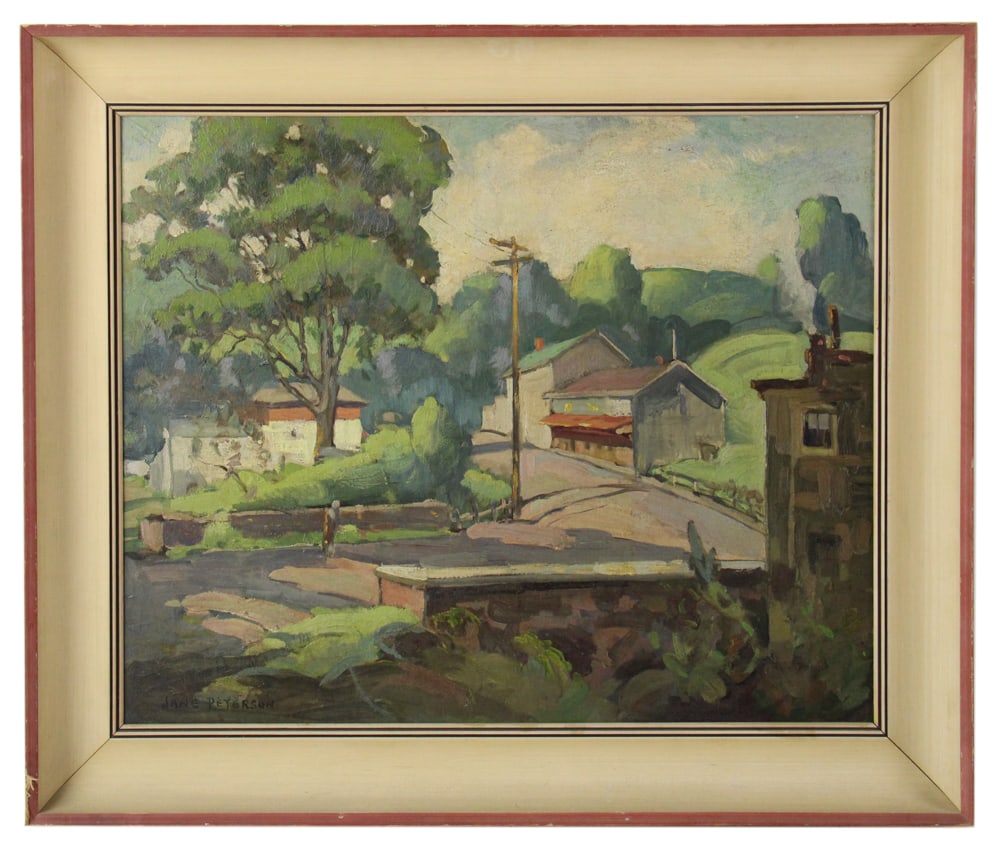 Jane Peterson, Rural Street Scene, Oil on Board: Jane Peterson, rural street scene, oil on board, signed L/L, 18" x 22", framed 22" x 26". Provenance: Westbury, New York collection.
