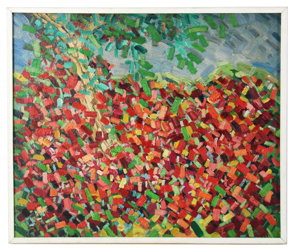 Lynne Mapp Drexler, "Summer Flower", Oil on Canvas: Lynne Mapp Drexler (American, 1928-1999), "Summer Flower", oil on canvas, 1969, signed, dated, and titled verso, 14" x 22", framed 27" x 36". Provenance: Westbury, New York collection. PLEASE NOTE: On