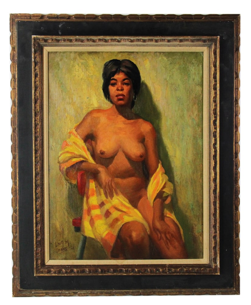 Lois Mailou Jones, Seated Female Nude, Oil on Board: Lois Mailou Jones (American, 1905-1998), seated female nude, oil on board, signed L/L and dated "61", 24" x 18" (image), framed 32" x 26". Provenance: Westbury, New York collection.