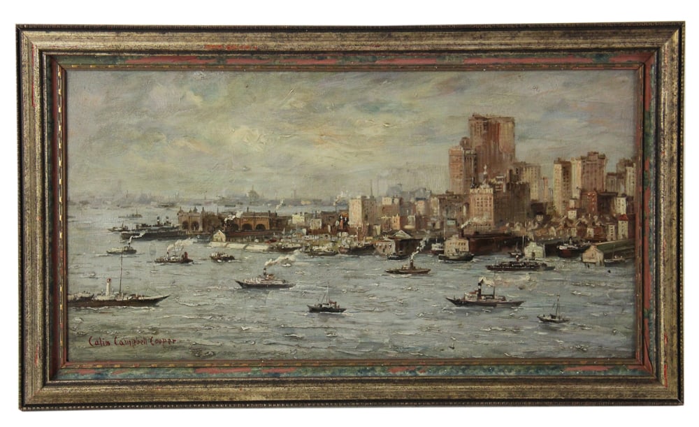 Attributed to Colin Campbell Cooper, City Waterfront: Attributed to Colin Campbell Cooper, city waterfront scene, oil on board, signed L/L, 10" x 19", framed 13" x 22". Provenance: Westbury, New York collection.